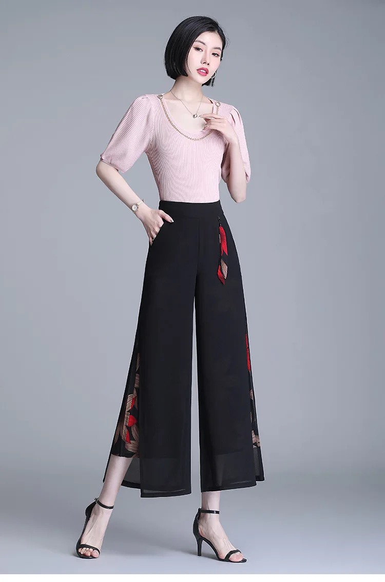

Women Vintage Print Elastic High Waist Wide Leg Pants 2021 Summer Female Elegant Plus Size 4XL Slit Straight Mom Pants 2115