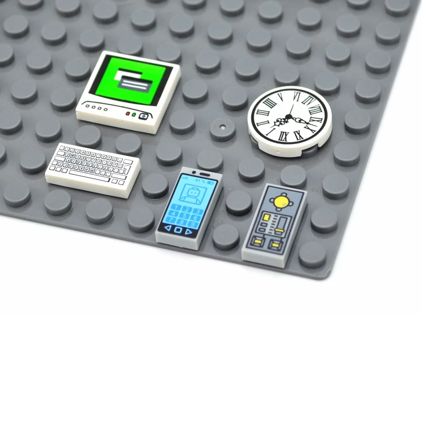 

Building Blocks City Accessories Printed Tile Computer Phone Clock Pizza MOC Parts Mushroom Money Coins Dollars DIY House Bricks