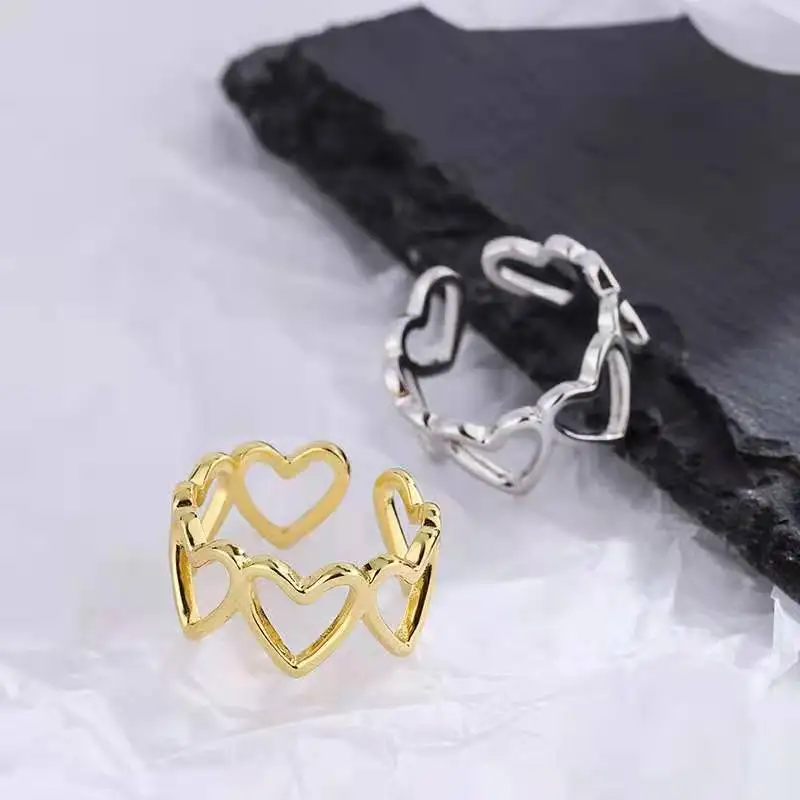 

Gold Plated New Style Hollow Out Love Heart Ring 2021 Fashion Korean Girl Simple Adjustable Ring Elegant Lady Valentine Day Gift