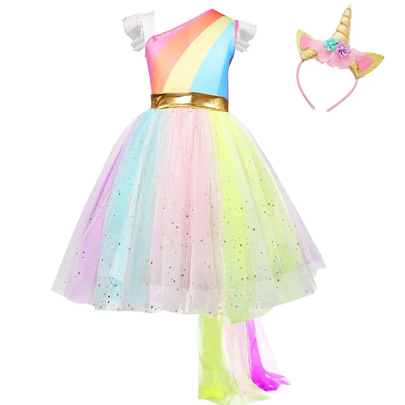Dress Headband Нарядное платье для маленьких девочек; платье для дня рождения с единорогом; Детские платья для девочек; Детский карнавальный костюм принцессы с блестками для девочек - Цвет: Dress Headband
