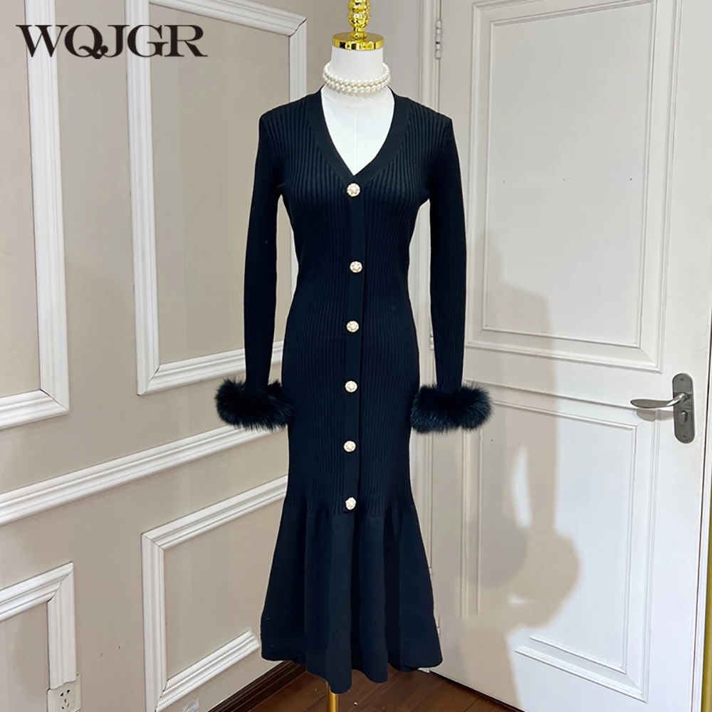 

Платье WQJGR женское длинное трикотажное с длинным рукавом и V-образным вырезом из лисьего меха