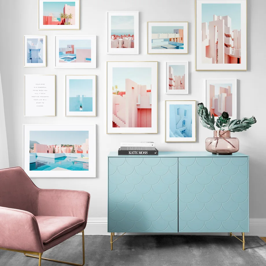 Розовый дом океан кокосовое дерево красная стена искусство холст живопись