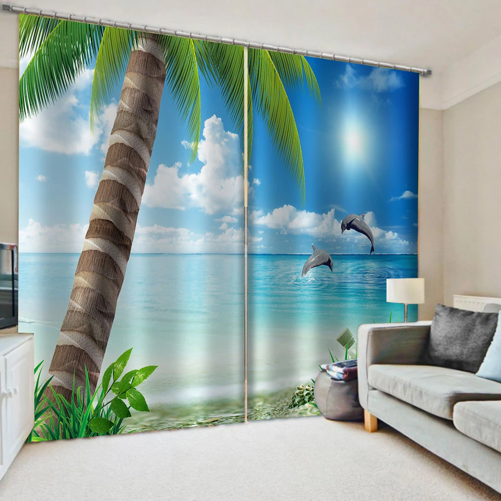 

Photo 3D Curtains for Living Room Window blue beach curtains 3D Curtains For Living room Bed room Office Hotel Home