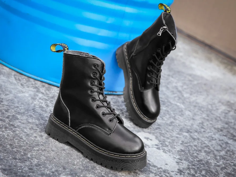 CEVABULE Women Martin Boots Genunie Leather Thick Heel Platfrom Martin Boots Boots Women Side Zipper Boots Leather Boots