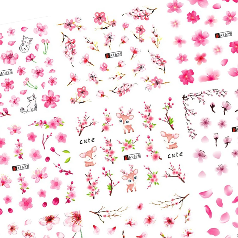 

Spring Sakura Nail Water Stickers Pink Cherry Blossoms Decals Flowers Leaf Tree Summer Nails Art Decoration Sliders BEA1621-1632