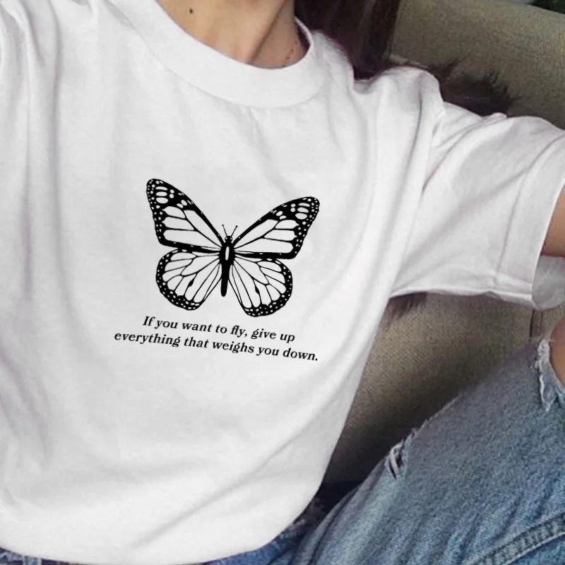 

HAHAYULE-JBH Want To Fly Inspirational Quotes T-Shirt Women's Cute Butterfly Shirt Positive Sayings Tee