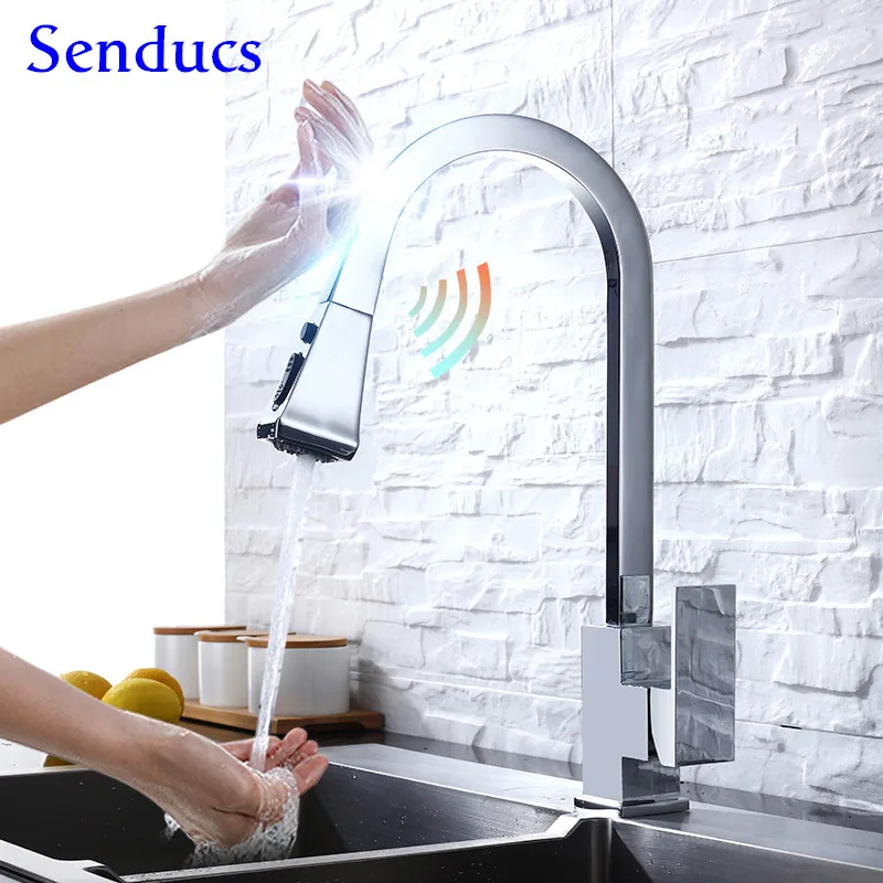Хромированные сенсорные смесители для кухни Senducs квадратные вытягивающиеся