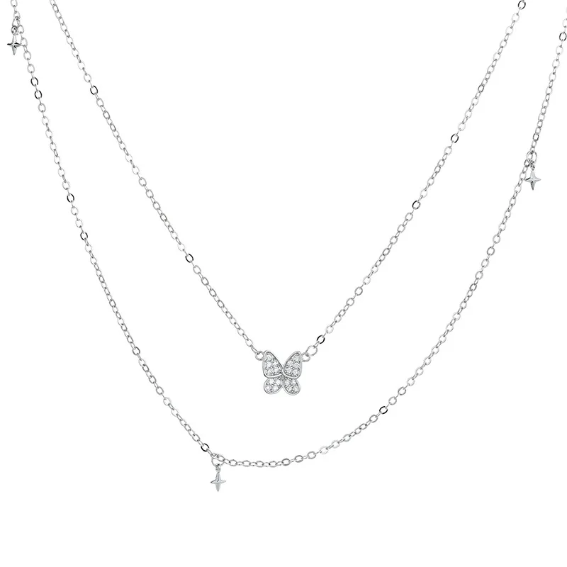 

IHUES 925 Sterling Silver Double Layer Chain Butterfly Cross Choker Necklace for Women Korean Neklace Fashion Jewelry