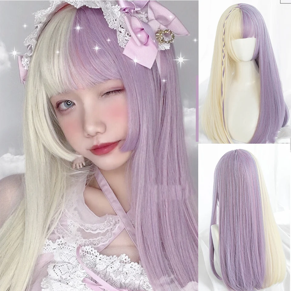 

LM Pink Black Blonde White Synthetic Lolita Long Wig With Bangs Genshin Impact Cosplay Water Wave Wigs For Women