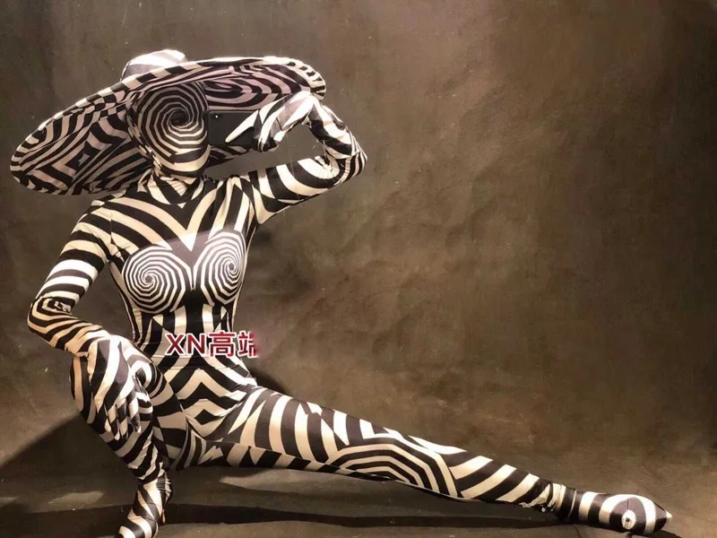 

Sexy zebra costumes big hats green red black jumpsuits night club party cosplay costume performance stage tv show dance wear