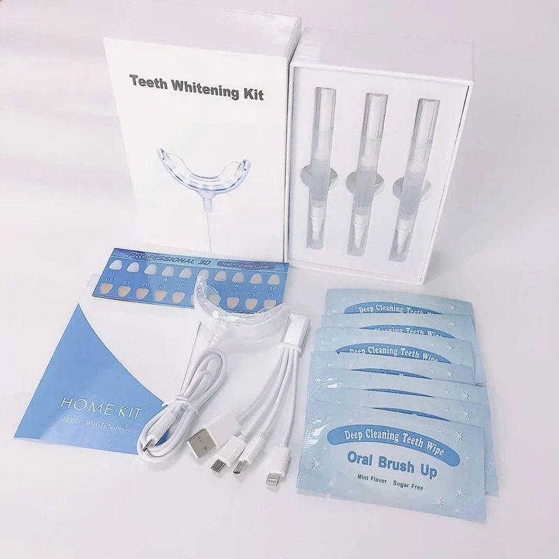 

Oral Hygiene Teeth Cleaning Whitening Kit Blue Light Dental Gel 16 LED System Kit USB Triple Adapter Phone Light Mouth Tray