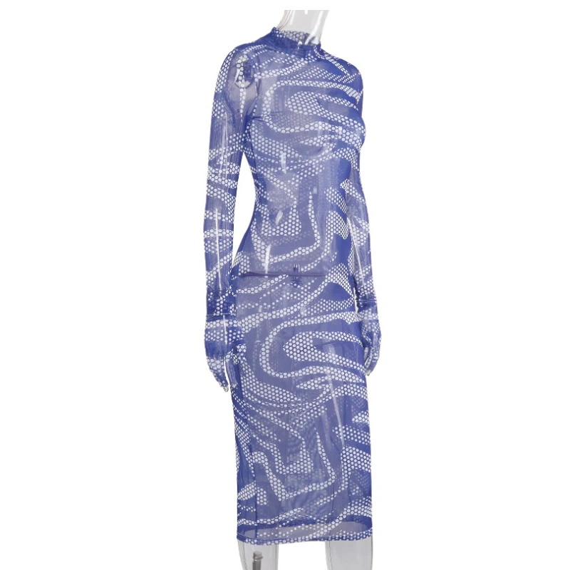 

The New Stand-up Midi Dress Summer Long Sleeve Women Vestido Verano Mujer De Manga Larga Collar Mesh See-through Printing Gloves