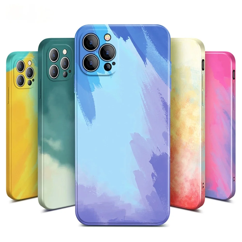 

Luxury Watercolor Painting Soft liquid Silicone Square Case For iPhone 12 11 Pro Max Mini iPhone SE 2020 X XS XR 7 8 Plus Cover