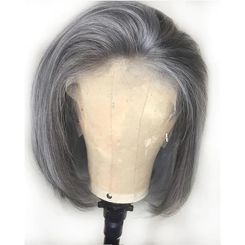 Mmuxuno 13*4 Grey 100% Human Hair Lace Frontal Wig 14 inch 150% Density Brazilian Short straight Bob Costume Wigs with body Hair