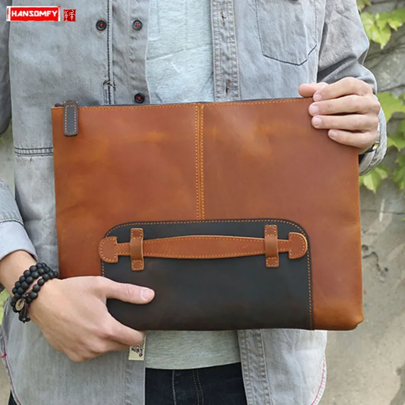 Retro leather 14 inch laptop clutch bag Men briefcase first layer cowhide large capacity men's clutch bag computer A4 file bag