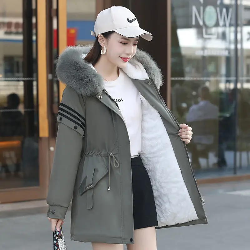 

Plush Linning Coats Faux Fur Collar Jacket Zipper Mid-Lengh Warm Letter Printed Parkas Stripe Drawcord Waistband Slim Outerwears