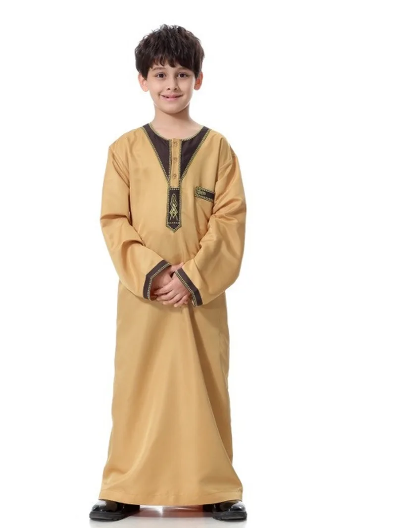 Muslim Children Clothing Embroidery Men's Abaya Jubba Thobe Jilbab Men's Moslem Robe Loose Style Middle East Dubai Arab Islamic