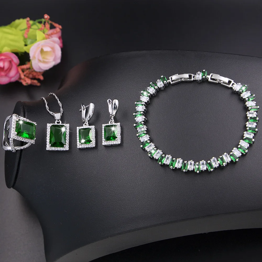

Funmode Green Cubic Zircon Rectangulaire Shape Small Jewelry Sets For Women Bridal Set bijoux femme Wholesale FS124
