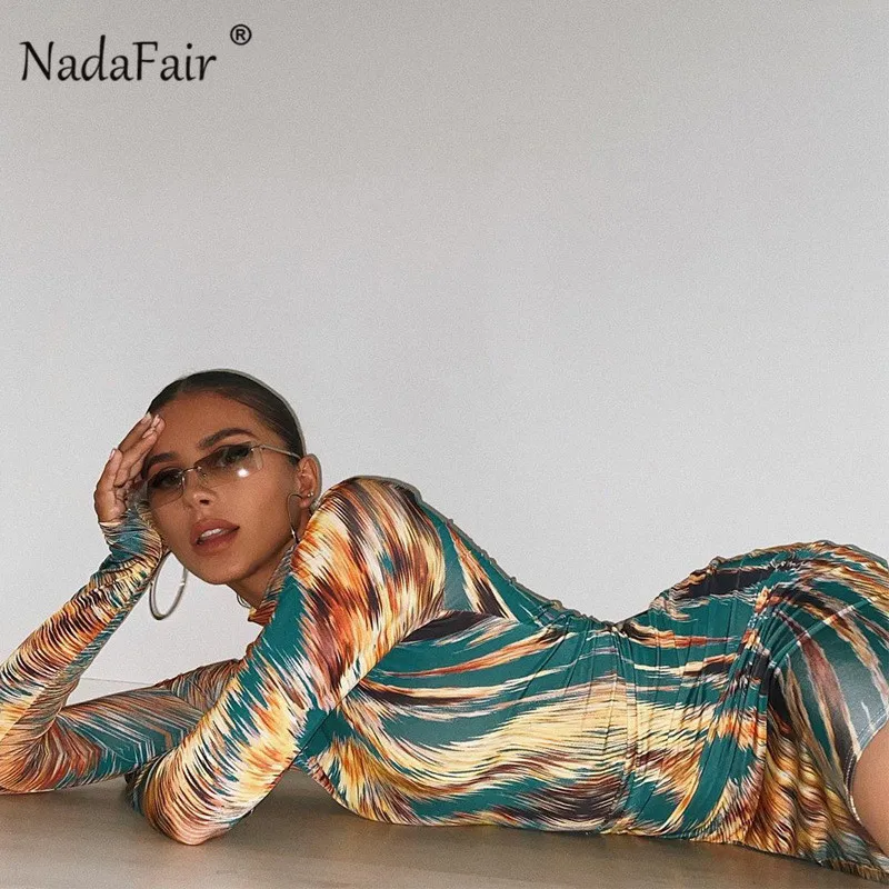 Женское платье водолазка Nadafair Клубное облегающее с длинным рукавом и принтом в
