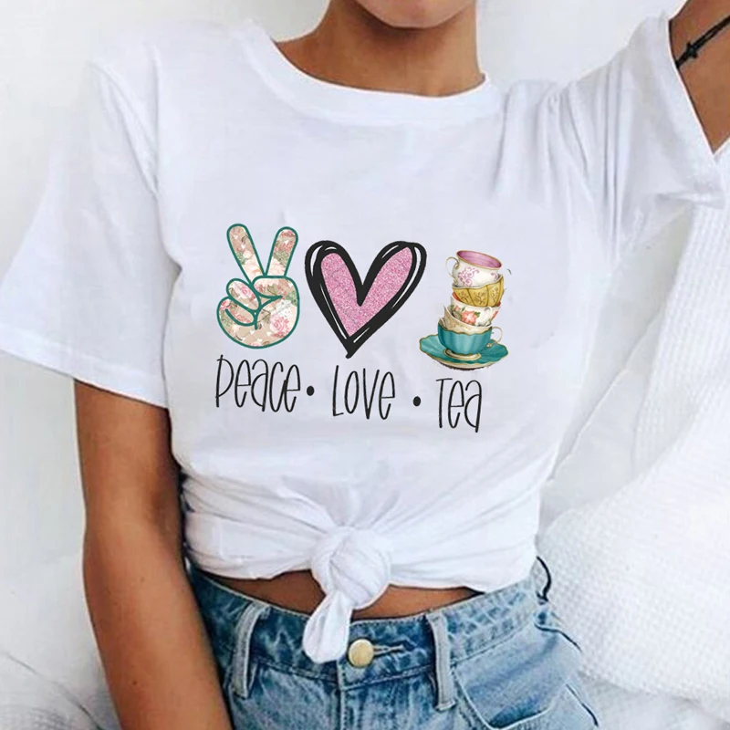 

Tops for Women T Shirt Peace Love Coffee Print Graphic Tee Funny Tshirt White Summer Harajuku Clothing Female Tops for Women