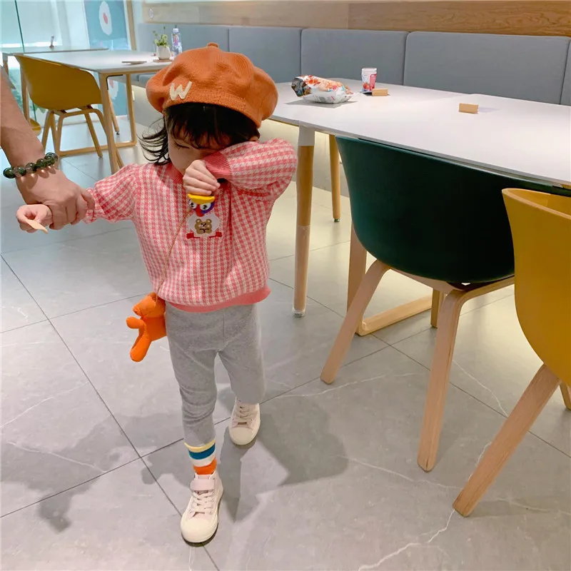 

2021 New Spring Winter Girl Casual Sweater Children's Knitted Woolen Kids Cute Bear Warm Retro Thicken Red Lattice Long Sleeve