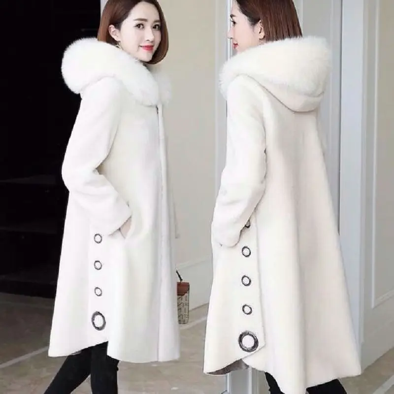 Women 2023 Autumn Winter Real Fur Coat Female Natural Fox Collar Hooded Shearling Jacket Ladies Warm Wool Outwear Mujer X75
