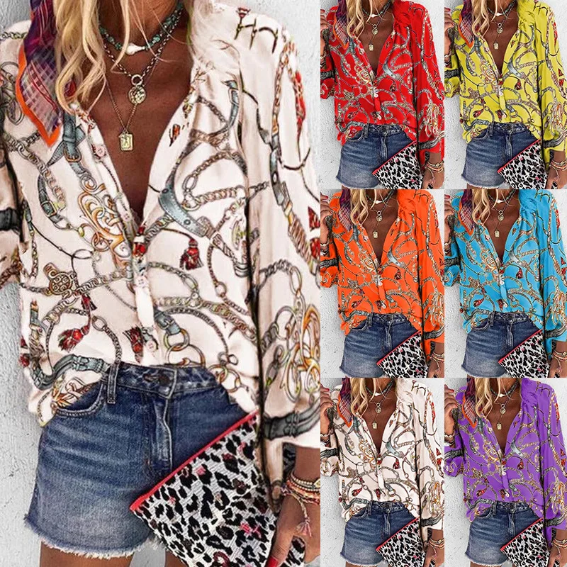 

Women Leisure Blouse Tops Women chain Print work office Blouse Shirt Lady Stylish Long Sleeve Blouses