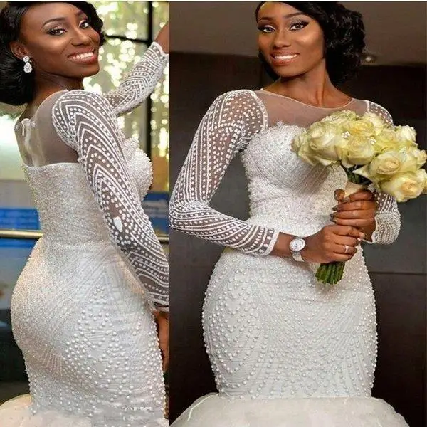 

Vestido De Noiva Mermaid Beading Sequins African Wedding Dress Court Train Real Photo Long Sleeve Bridal Dresses Custom made