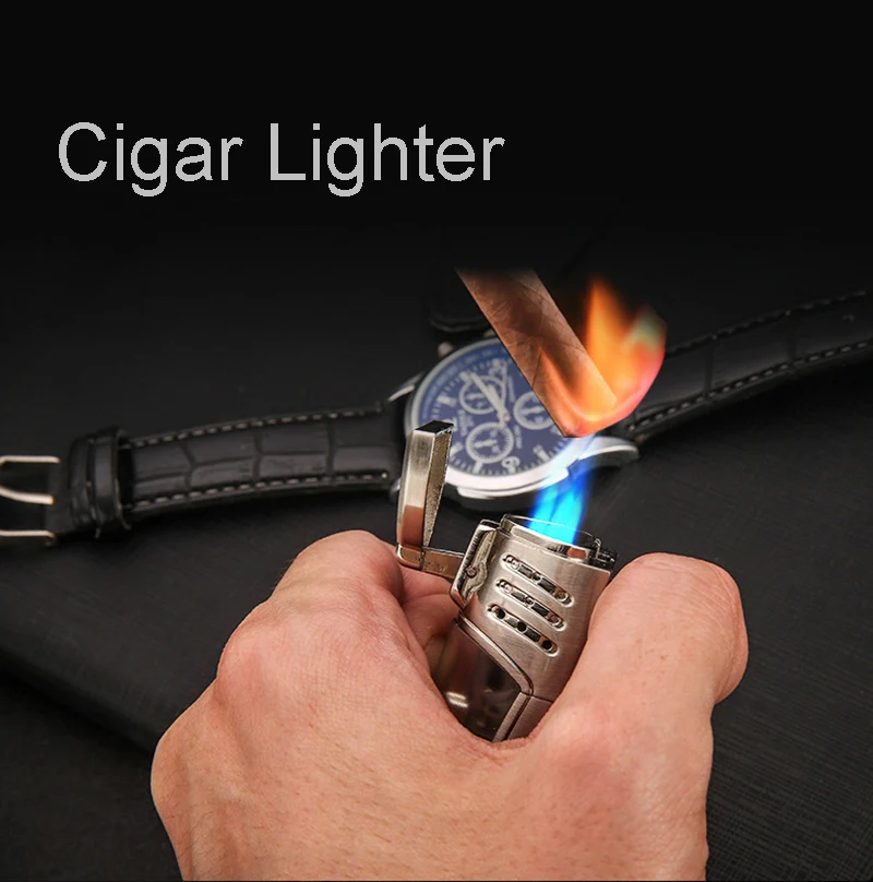 Новинка модная честная зажигалка с тремя прямыми синими огнями Бутановая