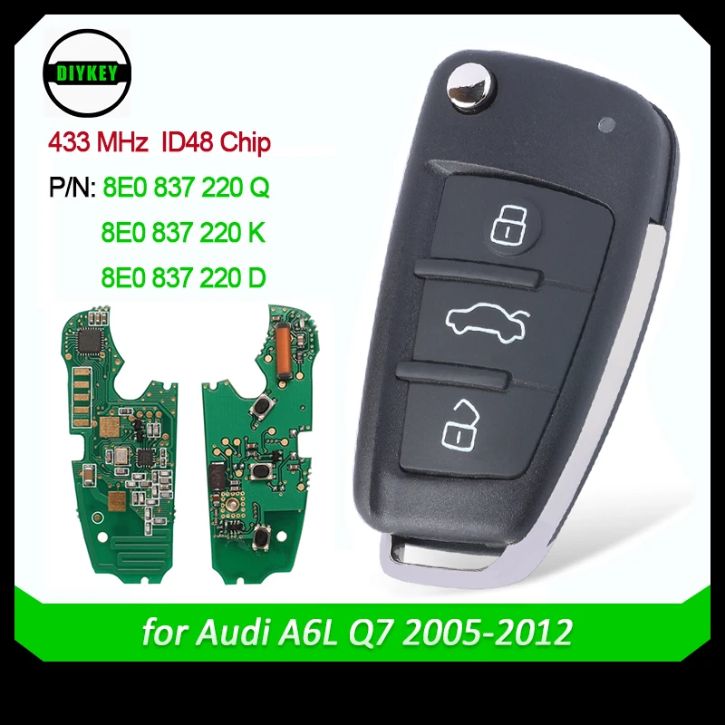 

DIYKEY 3 Button Remote Flip Key 433MHz Fob for Audi A2 A4 S4 Cabrio Quattro Avant 2005 2006 2007 2008 48 Chip 8E0 837 220Q K D