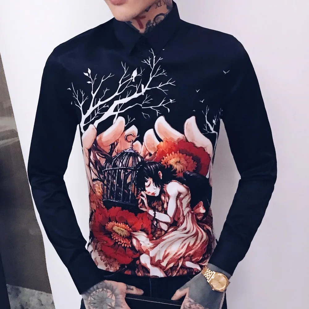 Black Роскошный смокинг для ночного клуба, модное платье, Camisa Hombre, Повседневная приталенная рубашка, Мужская Уличная рубашка с цветочным принтом, мужская рубашка, Camisas Hombre - Цвет: Black