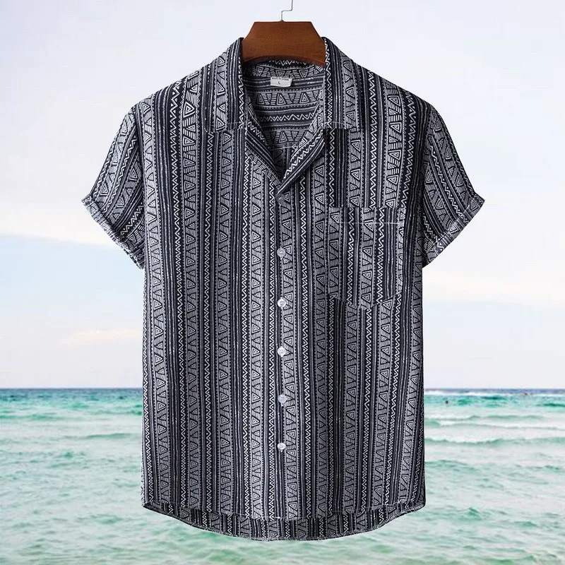 

Summer Men Hawaiian Shirt Geometric Print Short Sleeve Lapel Neck Button Casual Beach Shirts Men 2021 Streetwear