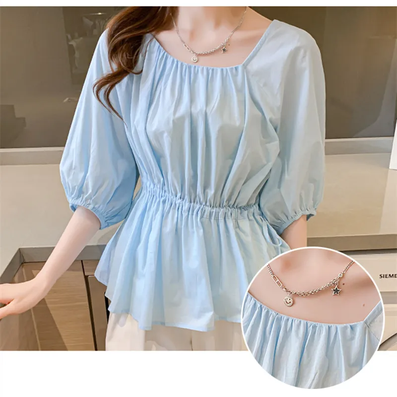 

2021 Summer Fashion Women Blouse Ruffled Cotton Shirt Ruffled Lantern Sleeves Solid Folds Skew Collar Womens Tops and Blouses