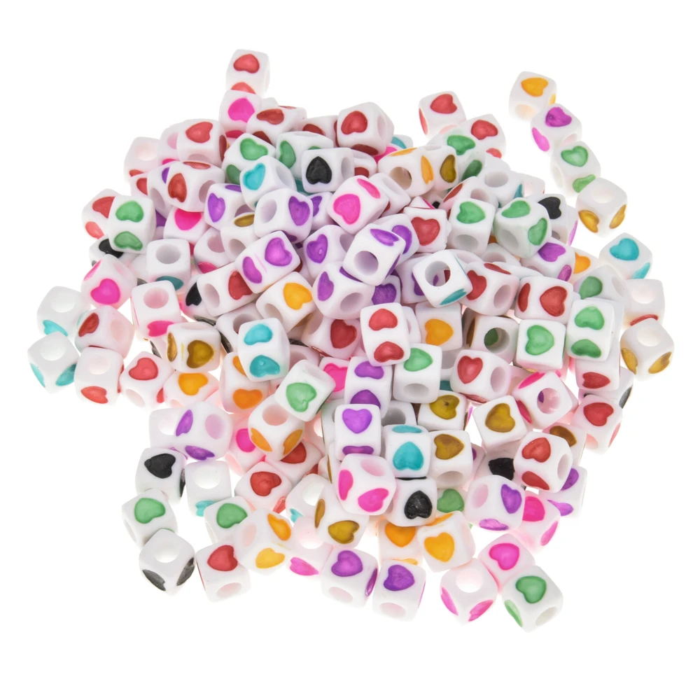 200 шт. белые Квадратные бусины с большим отверстием цветные рисунком сердца для