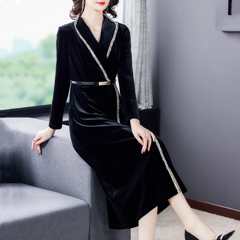 

COIGARSAM Women Dress Autumn 2021 New Office Lady Long Sleeve Solid High Waist Belt V-Neck Black Dresses Traf Robe Vestidos