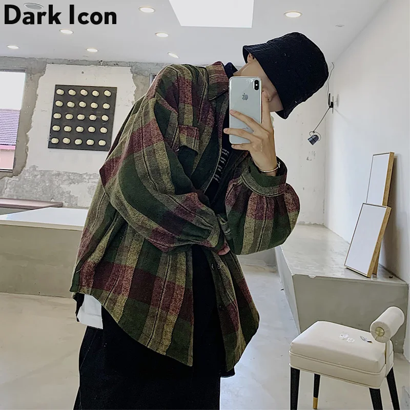 Темная икона клетчатая рубашка для мужчин латерн рукав хип-хоп негабаритные