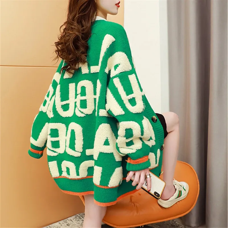 

Женский трикотажный кардиган с принтом, однобортный Кардиган с длинным рукавом, свободный свитер в Корейском стиле, 2021