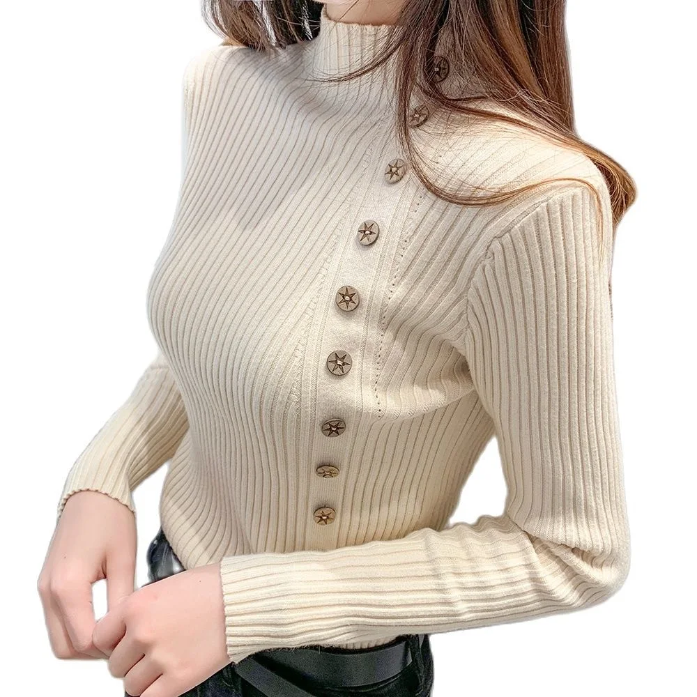

TuangBiang Button Ornament Mock Neck Women Sweaters 2021 Cozy Fashion Autumn Winter Basic Slim Pullover Lady Ribbed Knitted Tops