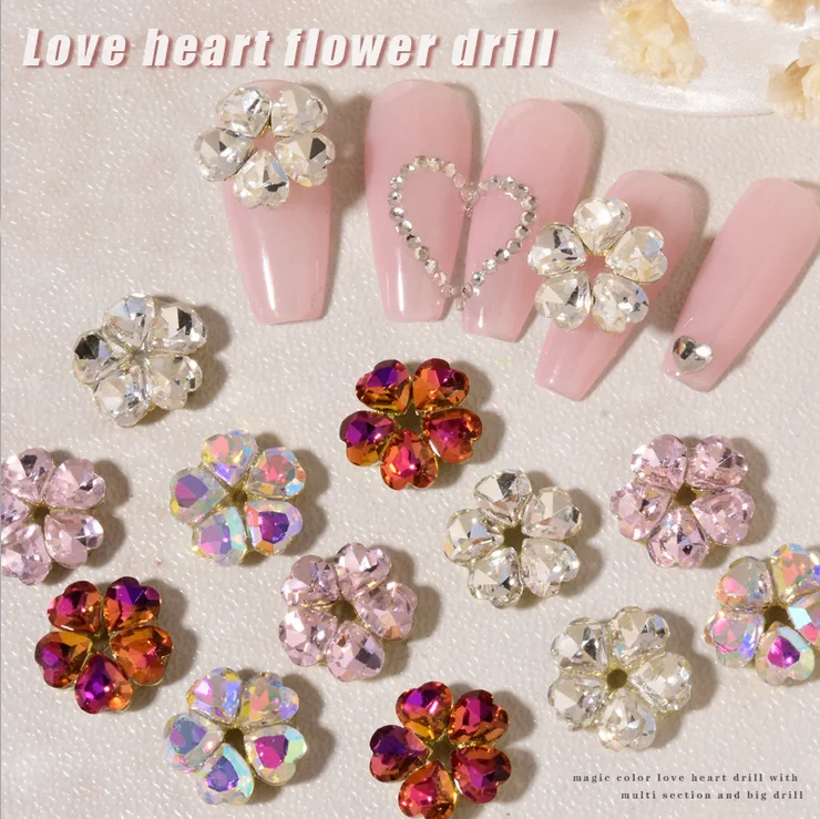 10 шт./лот 3d дизайн ногтей любовь сердца цветы формы AB боковые Стразы для украшения