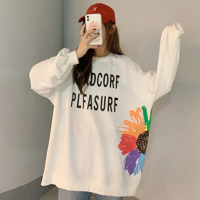 

Women Streetwear Contrast Graffiti Flower Letter Graphic Print Loose Korean Top Sweatshirt Pullover Hoodies Harajuku L1252