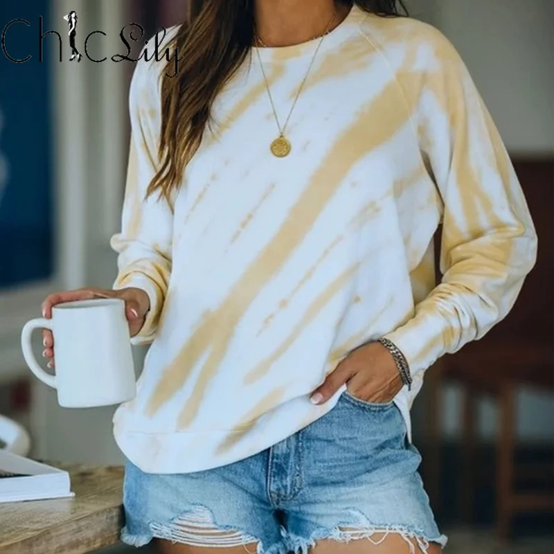 

Chiclily Tie-dye Long Sleeve Sweatshirt O-Neck Fall 2020 Women Casual Hoodie Pullover Tops Oversize Streetwear