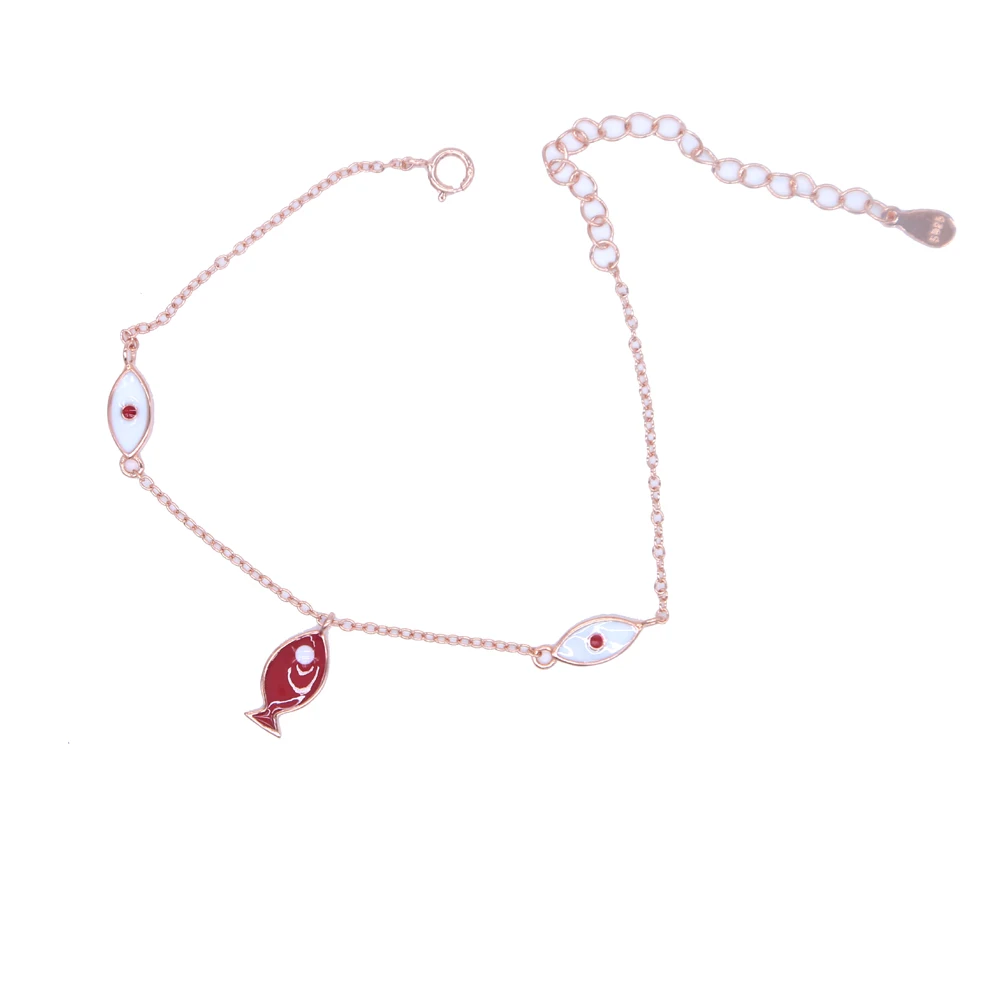 100% Стерлинговое Серебро 925 пробы тонкая эмаль рыба сглаза шарм серебро розовое