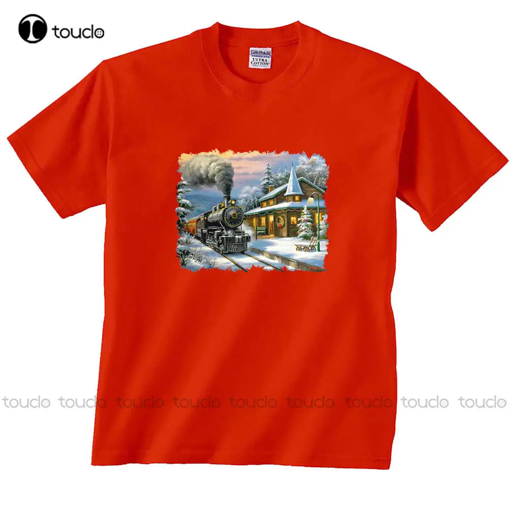 

Новый дизайн, мужские футболки, топы, футболки с коротким рукавом из хлопка, Женская рождественская футболка с изображением железнодорожной станции, локомотива, дизайнерские футболки