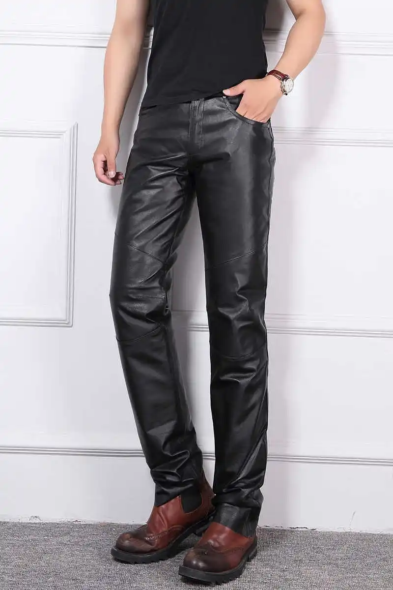 

Nieuwe Herfst En Winter Lederen Broek Mannen Winddicht Lederen Broek Schapenvacht Motorfiets Down Broek Dikke Rechte broek