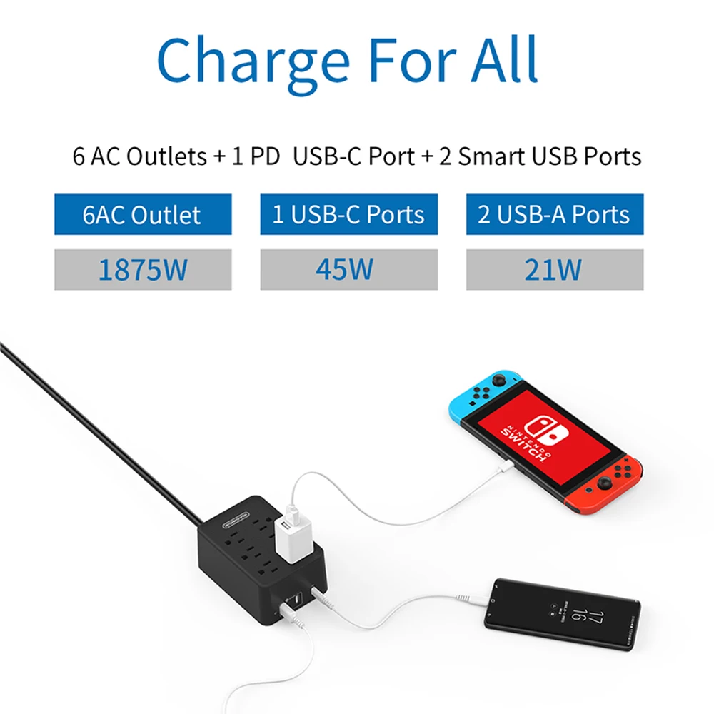 NTON POWER US Power Strip 66 Вт (PD Charger 45 + USB 21 Вт) Настольная зарядная станция с 6 футами длинный