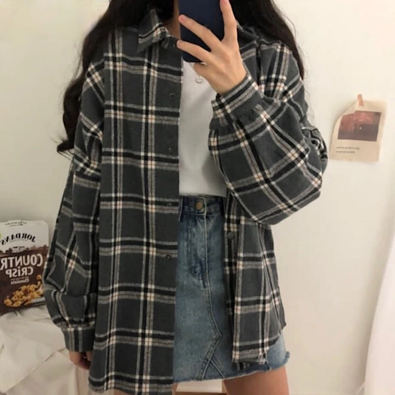 

Flannel Oversized Shirt Long Sleeve Collared Boyfriend Plaid Blouse Fall Winter Women's Blouses & Shirts