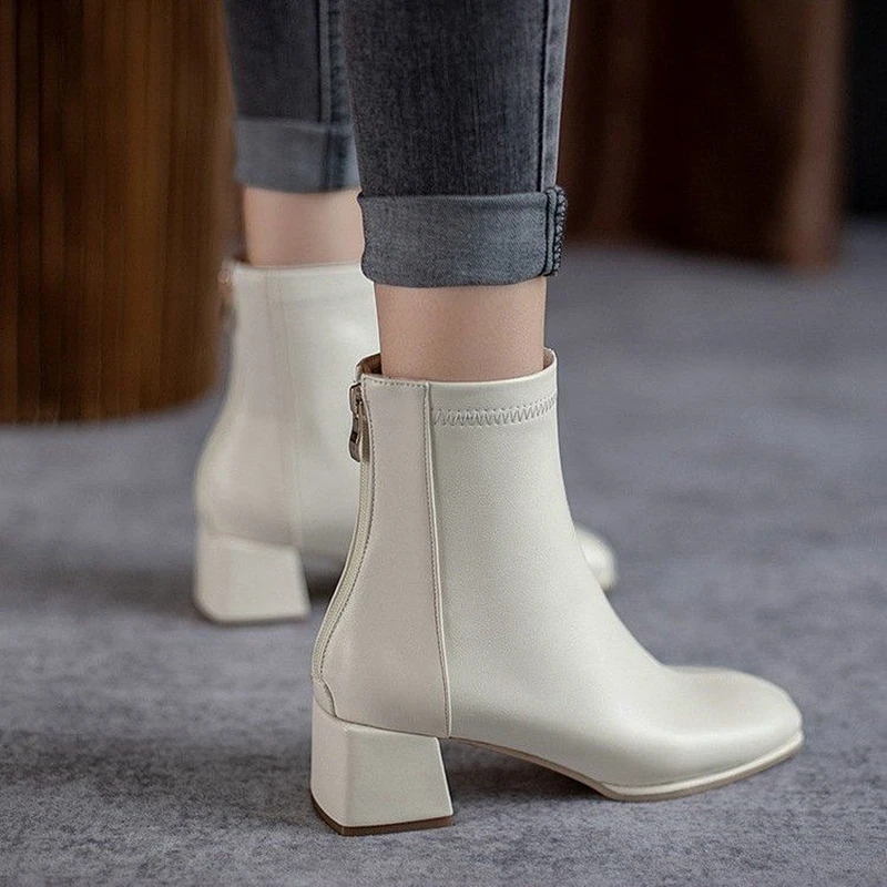 

Square Toe Fashion French High Heel Boots White Short Boots Women's Single Boots 2021 New Medium Thick Heel Women's Boots