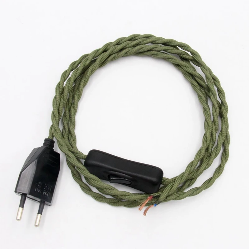 Olive-green Винтажный шнур питания, штепсельная вилка европейского стандарта, электрическая линия питания с переключателем, витой кабель длиной 2 метра - Цвет: Olive-green