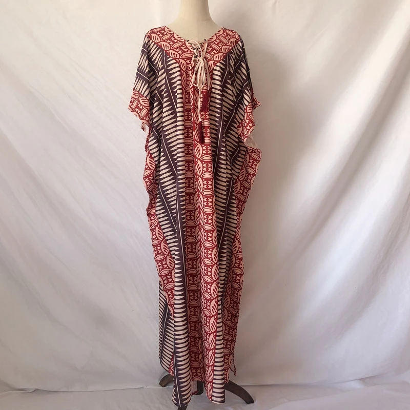 India Kaftan Dress V-Neck Lace Up Ethnic Traditional Patter Print Maxi Caftan Batwing Short Sleeve Beach Cover Morocco Tunics | Женская