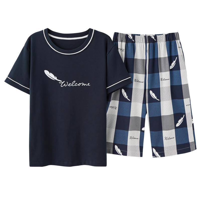 

Casual Men's Pajamas Suit Loose Home Wear Short Sleeve Feather Letters Comfortable Summer Loose Soft Korean Large Size Sleepwear